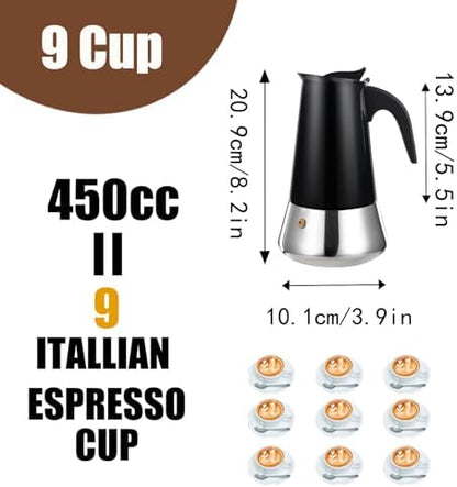 9 Cup Stovetop Espresso Maker Stainless Steel Moka Pot Stove Top Percolator Italian Coffee Makers Capable Mocha Greca Machine Cafe Classic Induction Cookers for Home and Camping 450ml 15oz