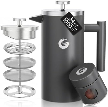 Coffee Gator French Press Coffee Maker 34 oz, Non-Toxic, Gray