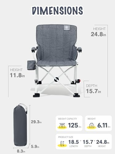 EVER ADVANCED Kids Camping Chairs with Cup Holder, Padded Folding Camping Chair Outdoor with Safety Lock, Carry Bag, Lightweight Portable Camp Chairs for Beach, Balcony, Patio, Supports 150lbs, Grey