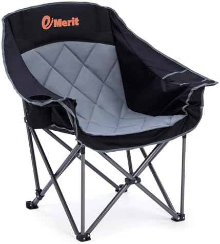 EMERIT Oversized Padded Camping Chair for Big Tall Adults, 500 LBS Heavy Duty Foldable Quad Lawn Chair, 19.68" High Seat, 4-Layer Cushion, Cup Holder, Camping Tailgating Backyard Patio Sports, Black