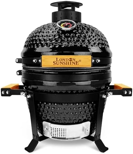 London Sunshine 13-Inch Ceramic Kamado Grill, Waterproof Vent Cap, Black