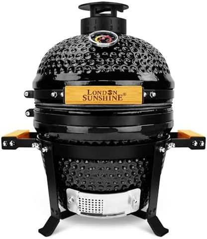 London Sunshine 13-Inch Ceramic Kamado Grill, Waterproof Vent Cap, Black