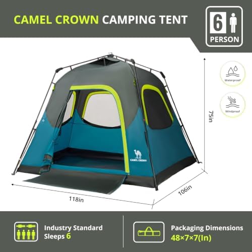 CAMEL CROWN 4/6 Person Instant Cabin Tent, Pop Up Windproof Tents for Camping, 60-Second Setup Family Tent with Carry Bag for Outdoor Hiking