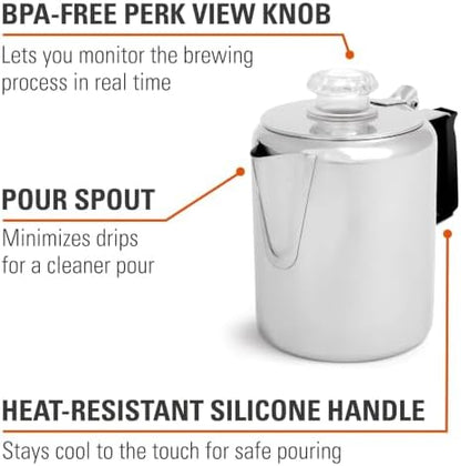 GSI Outdoors Percolator Coffee Pot I Glacier Stainless Steel with Silicone Handle for Camping, Backpacking, Travel, RV & Hunting - Stove Safe