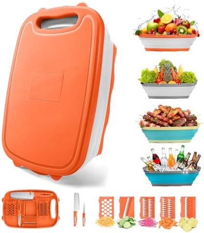 Gintan Camping Cutting Board, 9-in-1 Collapsible Chopping Board with Colander, Kitchen Vegetable Washing Basket for Camping, Camping Gifts Camping Accessories for RV Campers (orange)