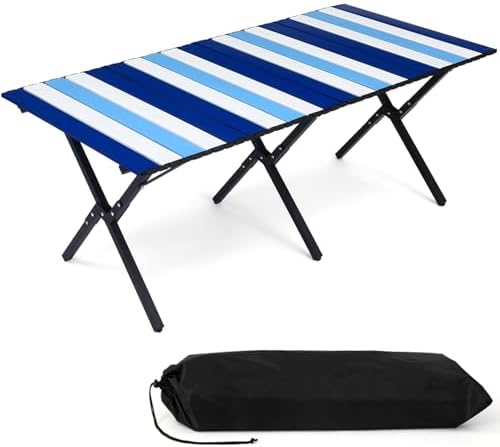 CroBlissful Beach Table Folding Camping Portable Table Striped White Aluminum Side with Carry Bag for Summer Camping Picnics and Outdoor Activities(48x24x18 in,Navy Blue)