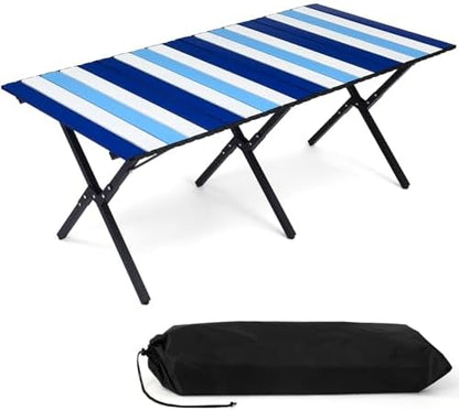 CroBlissful Beach Table Folding Camping Portable Table Striped White Aluminum Side with Carry Bag for Summer Camping Picnics and Outdoor Activities(48x24x18 in,Navy Blue)