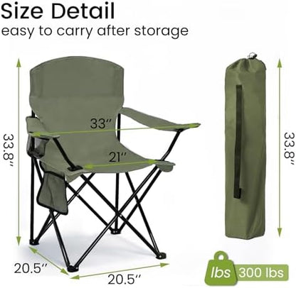 Folding Camping Chair with Cup Holder & Side Storage Bag 300lbs Capacity Lightweight High Back Portable for Beach, Picnic, Sport, Green