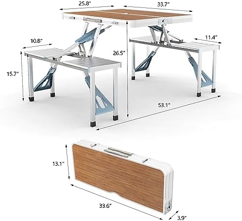 VINGLI 4 Ft Camping Picnic Table Set with 4 Seats with Umbrella Hole Folding Lightweight Suitcase Card Table-220 Lbs Support Aluminum Frame, Plastic RV Tabletop for Barbecue,Travel,Outing,Gathering