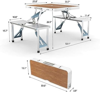 VINGLI 4 Ft Camping Picnic Table Set with 4 Seats with Umbrella Hole Folding Lightweight Suitcase Card Table-220 Lbs Support Aluminum Frame, Plastic RV Tabletop for Barbecue,Travel,Outing,Gathering