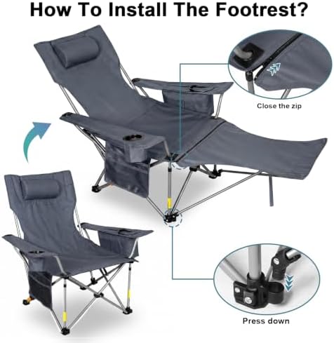 Romswi 2 Pack Reclining Camping Chairs with Removable Footrests, 4-Position Adjustable Lounge Chairs, 300 LBS Heavy Duty Folding Chairs with Cooler Bag, Cup Holder & Carry Bag, Grey