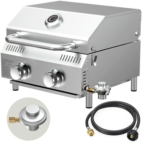Bestfire 2-Burner Tabletop Propane Gas Grill, Dual Connections, 20,000 BTU Stainless Steel Portable Grill, Fits Large Gas Cylinders/Small Canisters, for Camping, RV, Outdoor BBQ