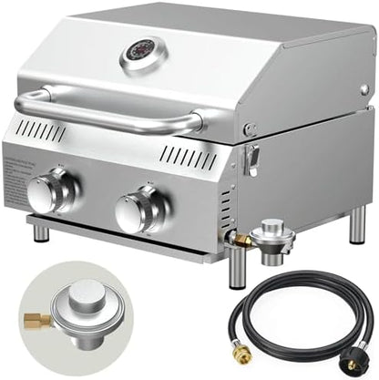 Bestfire 2-Burner Tabletop Propane Gas Grill, Dual Connections, 20,000 BTU Stainless Steel Portable Grill, Fits Large Gas Cylinders/Small Canisters, for Camping, RV, Outdoor BBQ