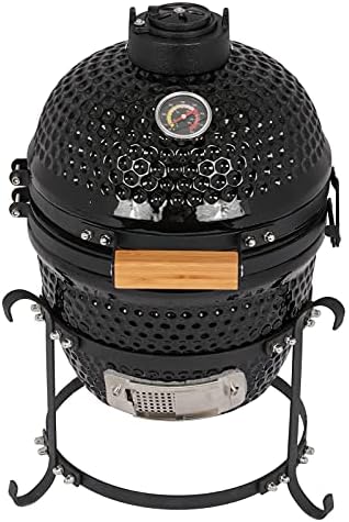 13" Portable Round Ceramic Charcoal Grill,Outdoor Barbecue Smoker,Heavy Duty Outdoor BBQ Grill,Vertical Camping Barbecue Grill,with Built-in Thermometer,for Garden Patio Beach Backyard (Black)