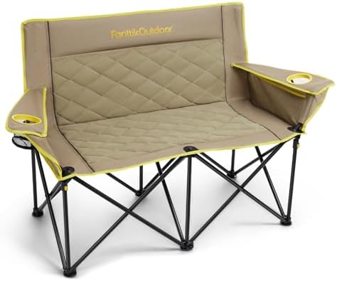 FanttikOutdoor Zeta L11 Duo Pro Double Camping Chair, 2 Person Portable Folding Couch, Up to 600 lbs, High Strength Loveseat with Cup Holder & Carry Bag for Travel, Patio, Games, BBQ, Backyard, Khaki
