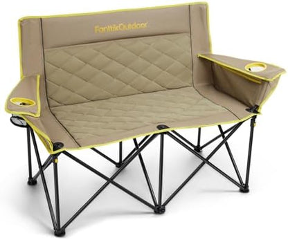 FanttikOutdoor Zeta L11 Duo Pro Double Camping Chair, 2 Person Portable Folding Couch, Up to 600 lbs, High Strength Loveseat with Cup Holder & Carry Bag for Travel, Patio, Games, BBQ, Backyard, Khaki