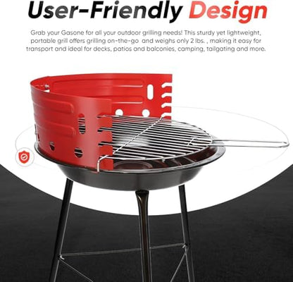 GasOne Charcoal Grill – Barbecue Grill with 4 Levels for Flame Control – Dual Venting System – Portable for Backyard, Camping, Boat, Red