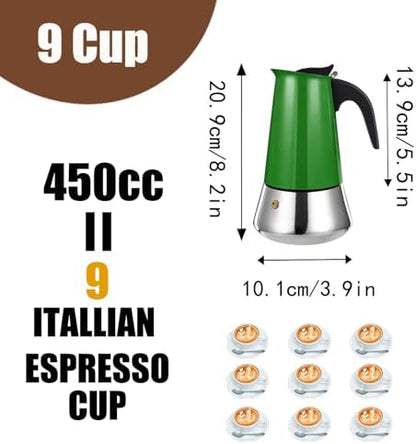 9 Cup Stovetop Espresso Maker Stainless Steel Moka Pot Stove Top Percolator Italian Coffee Makers Capable Mocha Greca Machine Cafe Classic Induction Cookers for Home and Camping 450ml 15oz