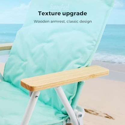 SUNNYFEEL Foldable Beach Chair, Beach Chair Backup with Wood Armrest & Cushion, Lightweight Camping Chair Heavy Duty for Beach, Camping, Lawn, Outdoor, Mint Green, 2 p