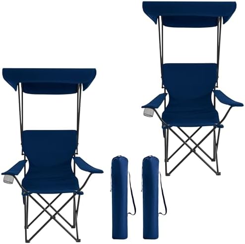 Portable Camping Chair 2 Pack with Foldable Canopy, Folding Outdoor Chair with Cup Holder & Side Pocket for Camping, Hiking, Picnic, Beach (Navy Blue)