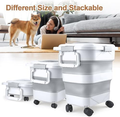 Dog Food Storage Container，10-25 lbs Airtight Collapsible Cat Food Storage Container with Attachable Wheels, Portable Handle, Dog Food Scoop for Dog Cat Bird Pet Dry Food Storage Bin Light Grey