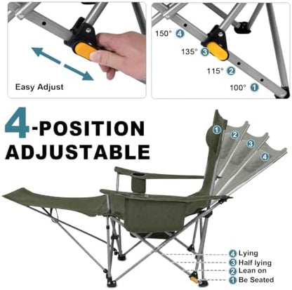 Romswi 2Pack 4-Position Reclining Camping Chair with Removable Footrest, 2-in-1 Adjustable Portable Lounge Chair with Cooler Bag, Cup Holder, Side Pockets & Carry Bag for Outdoor, Olive Green