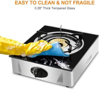 Camplux Propane Stove with Auto Ignition, Single Burner Propane Stoves 9,500 BTU, Tempered Glass Gas Cooktop