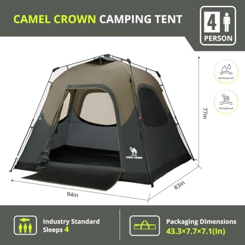 CAMEL CROWN 4/6 Person Instant Cabin Tent, Pop Up Windproof Tents for Camping, 60-Second Setup Family Tent with Carry Bag for Outdoor Hiking