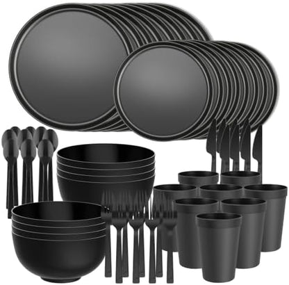 56 Piece Plates and Bowls Sets for 8, Kitchen Dinnerware Sets, Plastic