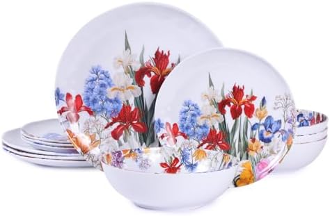 Melamine Dinnerware Set for 4,12 Piece Plates and Bowls,Unbreakable Dishes