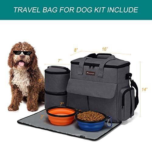 Modoker Weekend Dog Travel Bag with 2 Food Bags, 2 Bowls and Mat, Dark Gray