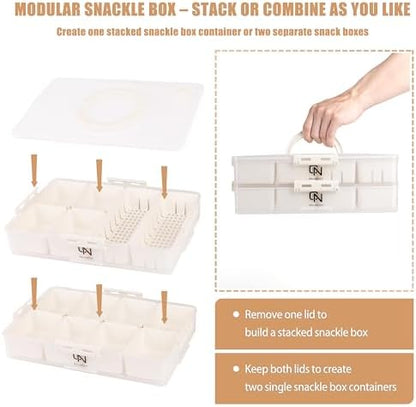Stackable Snackle Box Container with 2 Lids, 14 Compartments - BPA-Free Snackle box Organizer, Dishwasher & Microwave Safe Reusable Snacklebox for Veggies, Fruits, Charcuterie, Snacks (White, 2 Pack)