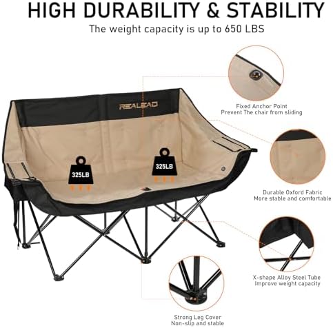 REALEAD Double Camping Chair Heavy Duty Camping Couch Support 650 lbs