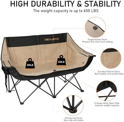 REALEAD Double Camping Chair Heavy Duty Camping Couch Support 650 lbs