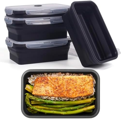 Collapsible Food Storage Containers with Lids, 4 Pack, 40 oz Silicone 1-Compartment Meal Prep Containers Reusable, Lunch Bento Boxes for Adults, Microwave Freezer Dishwasher Safe, BPA-Free, Black