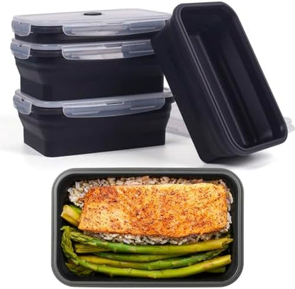 Collapsible Food Storage Containers with Lids, 4 Pack, 40 oz Silicone 1-Compartment Meal Prep Containers Reusable, Lunch Bento Boxes for Adults, Microwave Freezer Dishwasher Safe, BPA-Free, Black