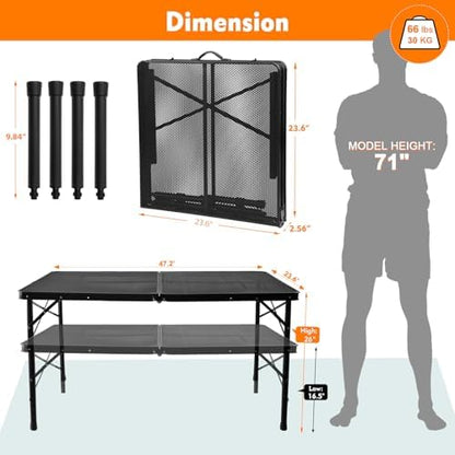 4 Ft Metal Folding Table, Folding Grill Table with 16.5/26 in Heights