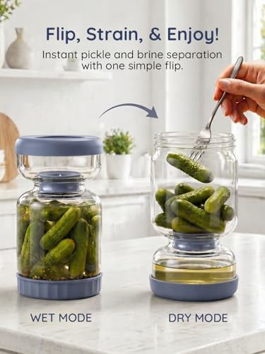 Homnoble Pickle Jar with Strainer Flip for Pickle Juice Separator from Wet and Dry, Upgrade Food-grade ABS Lid and BPA Free Hourglass Pickle Jar for Airtight Food Storage, Haze Blue