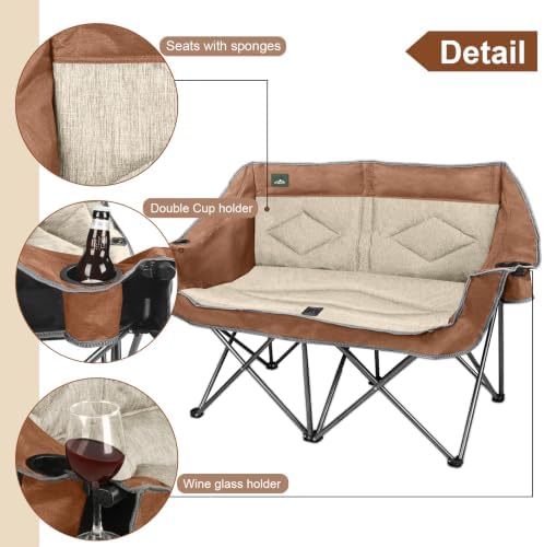 Northroad Folding Loveseat Camping Chair Portable Double Duo Full Padded Garden Sofa Chair for 2 Person w/ 2 Cup Holder,Wine Glass Holder,Support 600lbs for Outdoor Travel (Moca)