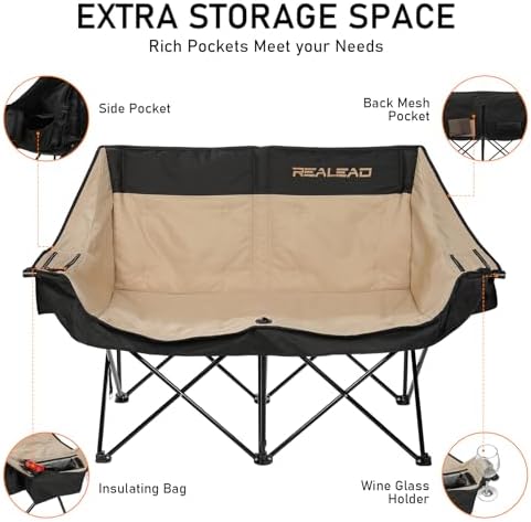 REALEAD Double Camping Chair Heavy Duty Camping Couch Support 650 lbs