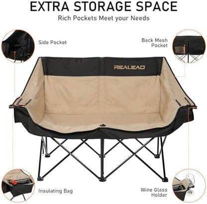 REALEAD Double Camping Chair Heavy Duty Camping Couch Support 650 lbs