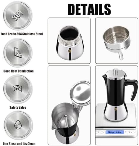 6 Cup Thickened 304 Stainless Steel Moka Pot Stovetop Espresso Maker Cafeteras Italian Percolator Espress Makers Capable Greca Mocha Coffee Machine for Induction Home and Camping 300ml 10oz