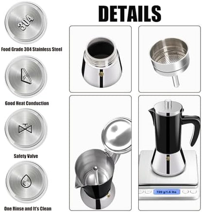 6 Cup Thickened 304 Stainless Steel Moka Pot Stovetop Espresso Maker Cafeteras Italian Percolator Espress Makers Capable Greca Mocha Coffee Machine for Induction Home and Camping 300ml 10oz