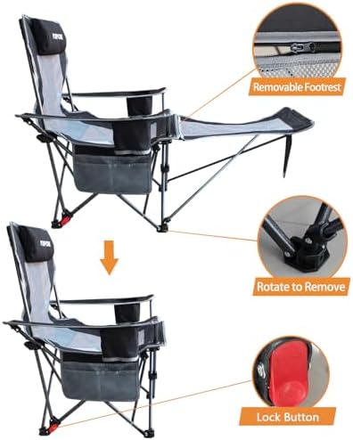 Reclining Camping Chair with Removable Footrest Lounge Chair with Headrest, Cotton Cushion, Portable Adjustable Folding Chairs
