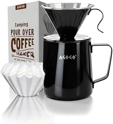 AGOGO Stainless Pour Over Coffee Maker Set, 50 Paper Filters, 30oz, Black