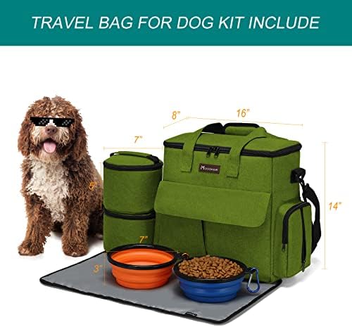 Modoker Weekend Dog Travel Bag Set with 2 Food Bags, 2 Bowls and Mat,Green