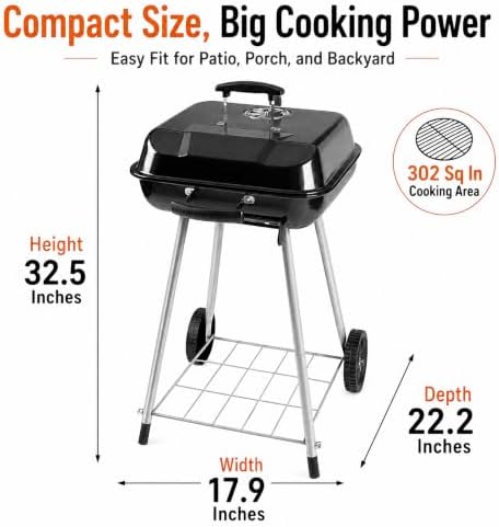 Charcoal Grill 17.5" Square Portable BBQ Kettle for Camping Picnic