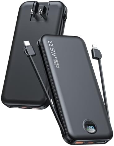 Portable Charger, 12000mAh 22.5W Type C Fast Charging Power Bank with Built-in Cables & Wall Plug, External Battery Bank with LED Display, Travel Essential Battery Pack for iPhone, iPad, Samsung Black
