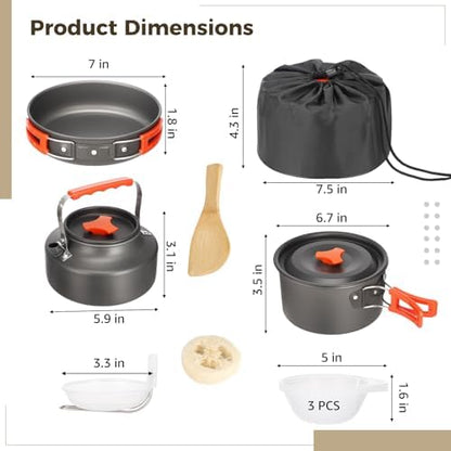 10 PCS Camping Cookware Set, Camp Pot Pan Kettle Plastic Bowls Soup Spoon, Lightweight Aluminum Outdoor Cooking Set with Drawstring Storage Bag for Backpacking Hiking RV Trip