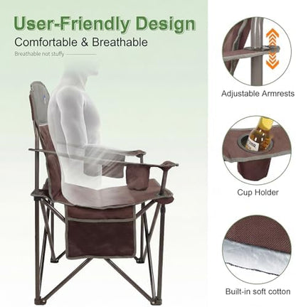 Oversized Camping Chairs 2 Pack - Heavy Duty 400LBS Padded Lawn Chair with Cooler Bag,Cup Holder,Side Pocket,Collapsible for Outdoor,Camp,Fishing & Garden,Maroon